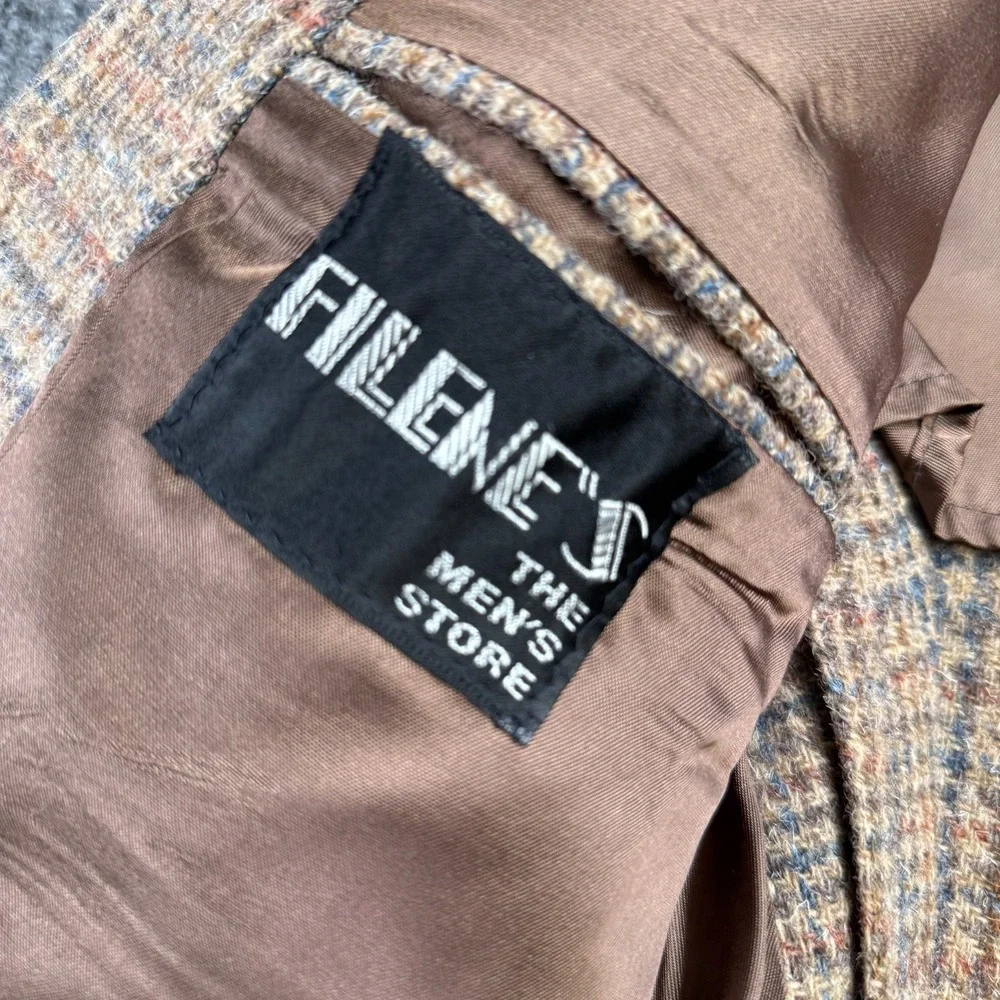 VTG Filenes Tweed Blazer Mens‎ 40 Brown Plaid Wool Sport Coat Jacket Old Money